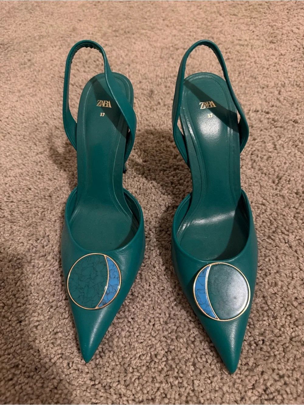 ZARA Teal Pointed Slingback Pumps with Enamel Medallion
